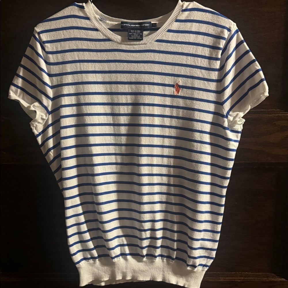 Ralph Lauren White & Blue Striped Short Sleeve Knit Top with Polo Pony